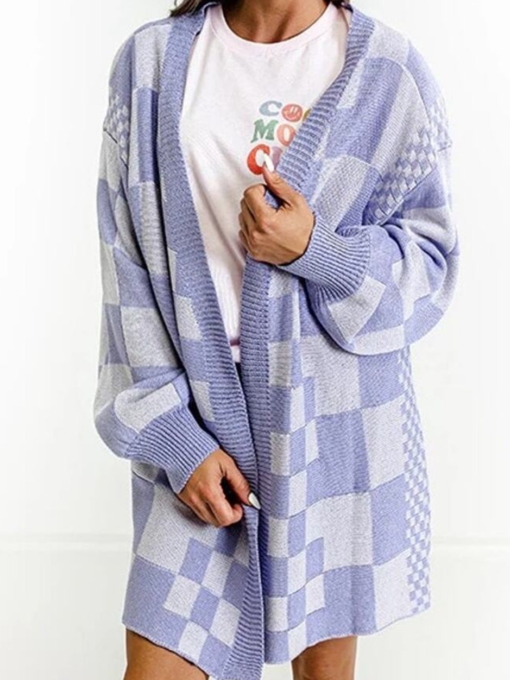Anniewear Lavender Mixed Checkered Open Front Long Line Cardigan Sweater